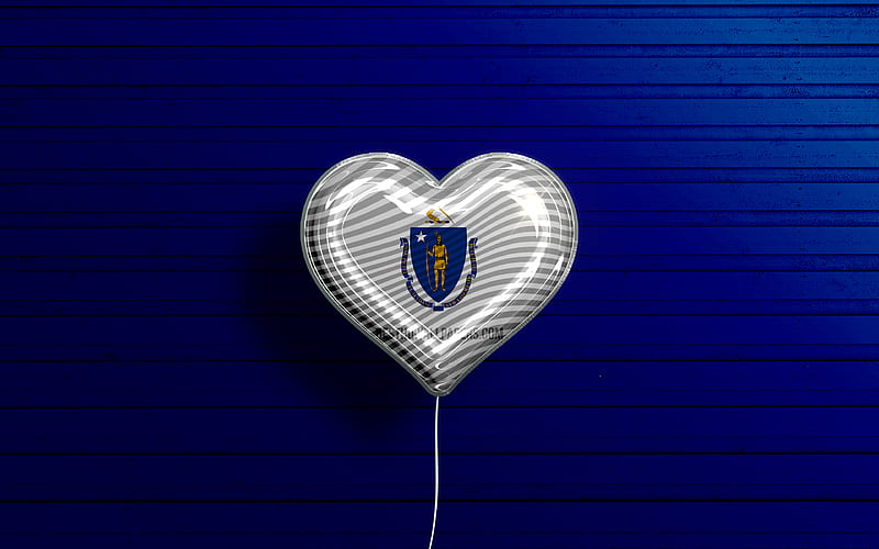 I Love Massachusetts, realistic balloons, blue wooden background, United States of America, Massachusetts flag heart, flag of Massachusetts, balloon with flag, American states, Love Massachusetts, USA, HD wallpaper