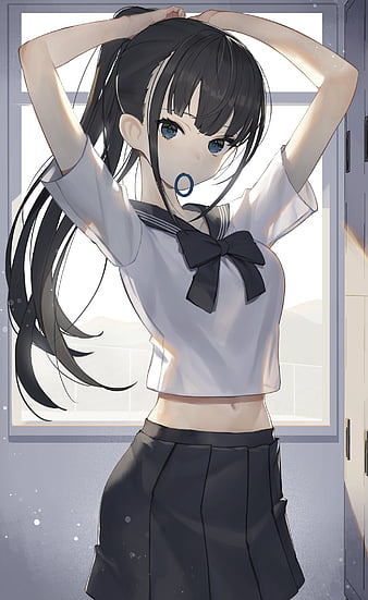 HD wallpaper girl schoolgirl scrunchy ponytail anime thumbnail