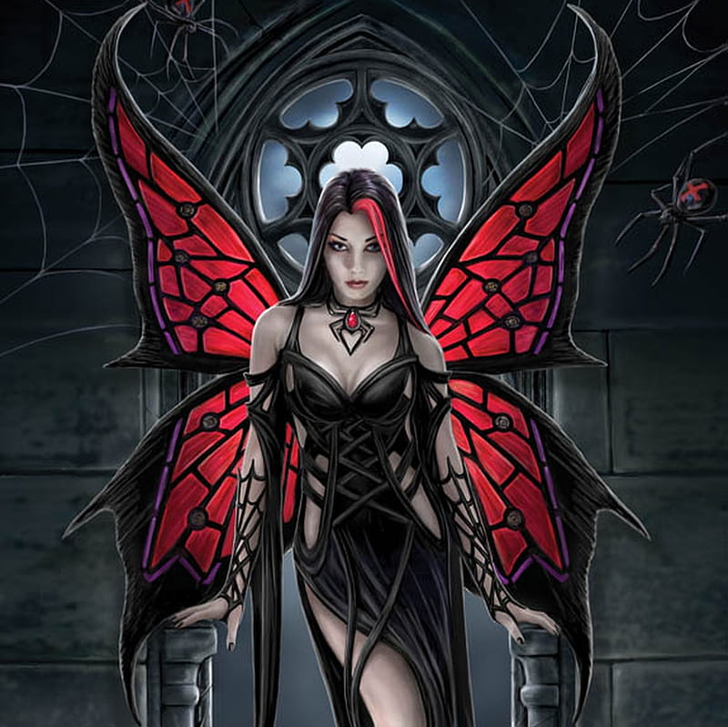 Spider Witch, red, witch, cg, angel, black, spider, wing, sexy, fantasy, devil girl, girl, dark, hot, HD wallpaper