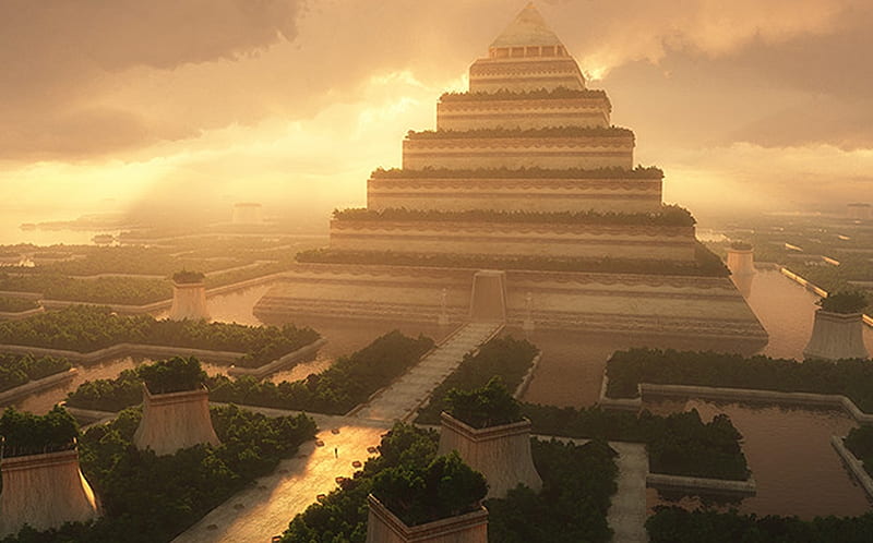 Temple, art, golden sun light, cg, fantasy, 3d, place of worship, landscapes, pyramid, HD wallpaper