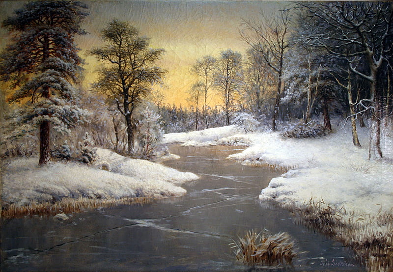 Frozen river, yellow, trees, sky, clouds, winter, cold, snow, ice ...