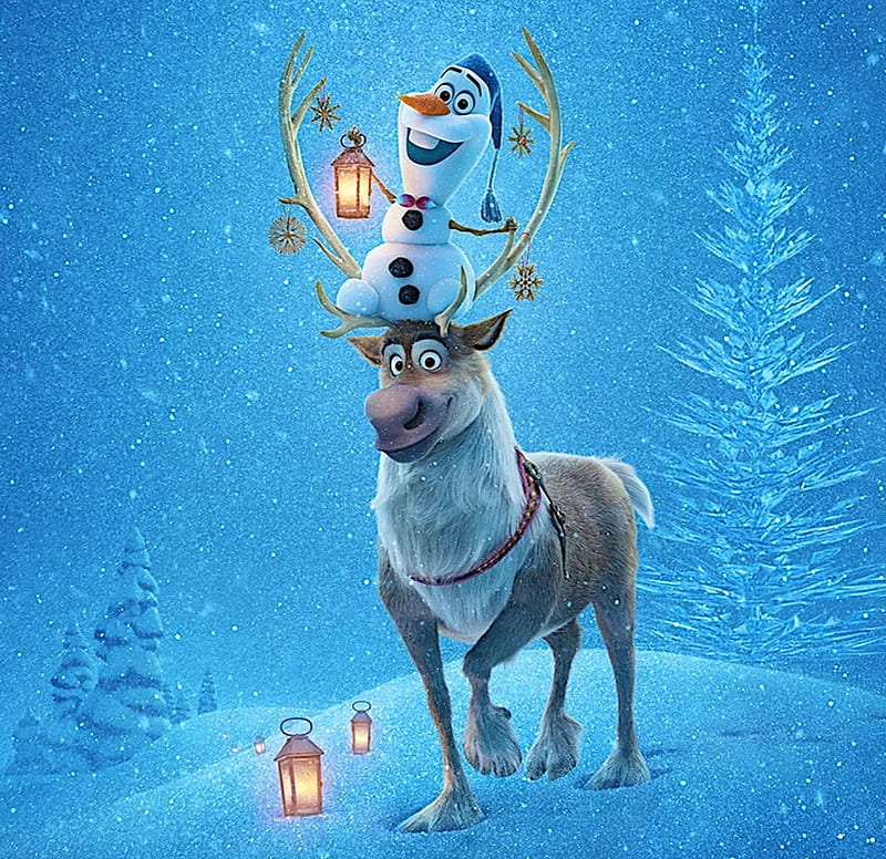 Olaf's Frozen Adventure (2017), poster, luminos, movie, snowman, iarna, winter, fantasy, olafs frozen adventure, reindeer, white, disney, blue, HD wallpaper
