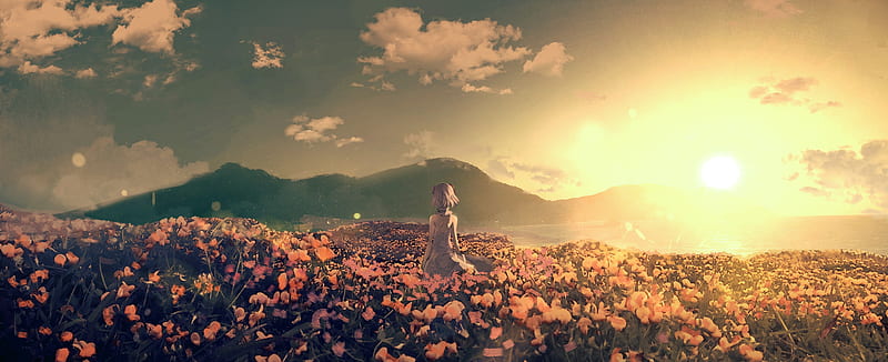 kudou chitose, nijisanji, anime landscape, scenic, yellow flowers, Anime, HD wallpaper