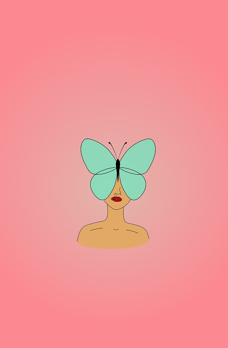 Butterface , 2021 drawing solid pink green brown, Butterfly, animal, butterflies, face human girl person, minimalist art minimal design aesthetic pleasing trending popular new fresh high quality phone ultra pastel colors, nature, HD phone wallpaper