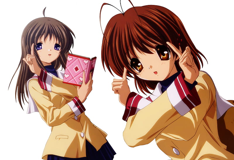 Nagisa and Yukine, short hair, uniform, schoolgirls, nagisa furukawa, yukine miyazawa, brown hair, book, clannad, HD wallpaper
