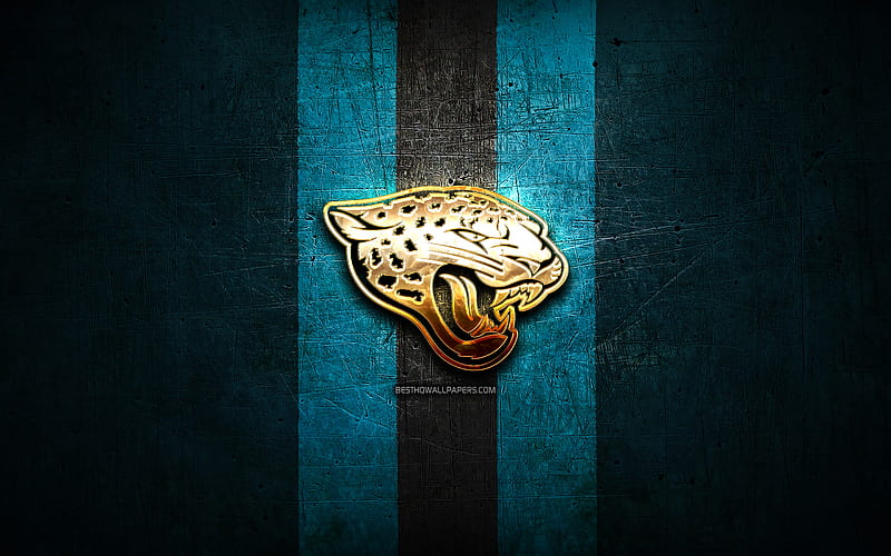 Jacksonville Jaguars, golden logo, NFL, blue metal background, american football club, Jacksonville Jaguars logo, american football, USA, HD wallpaper