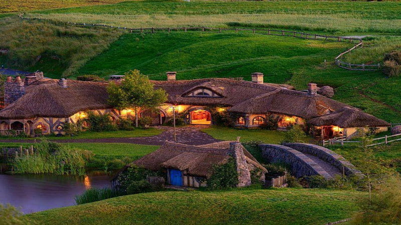 hobbiton movie set in new zealand, hills, movie set, grass, houses, lake, HD wallpaper