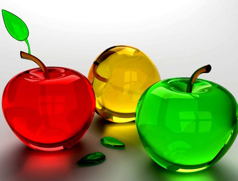 GLASS FIGURES, red, glass, gold, green, apples, HD wallpaper