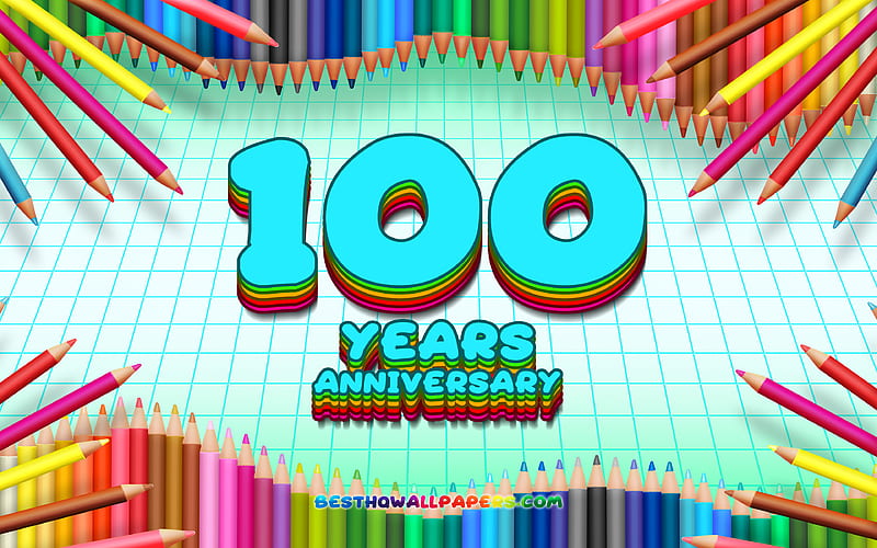 100th anniversary sign, colorful pencils frame, Anniversary concept, blue checkered background, 100th anniversary, creative, 100 Years Anniversary, HD wallpaper
