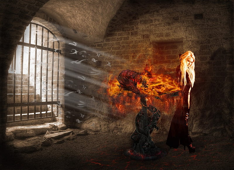 Dragon book, witch, book, magic, dragon, spell, fire, flame, dark, prison, mage, HD wallpaper