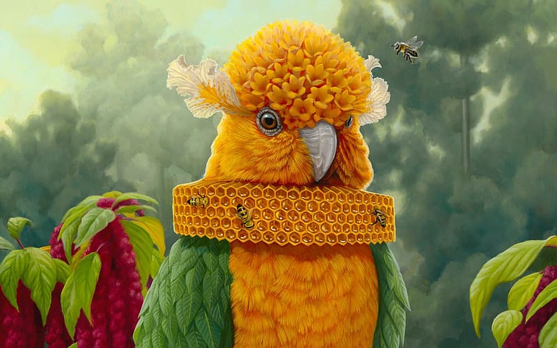 Fantastic bird, parrot, papagal, bird, honey, bee, fantasy, jon ching, green, red, yellow, flower, pasari, HD wallpaper