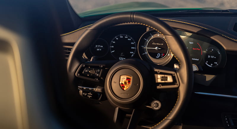 2021 Porsche 911 Turbo S Coupe (Color: Python Green) - Interior, Steering Wheel , car, HD wallpaper