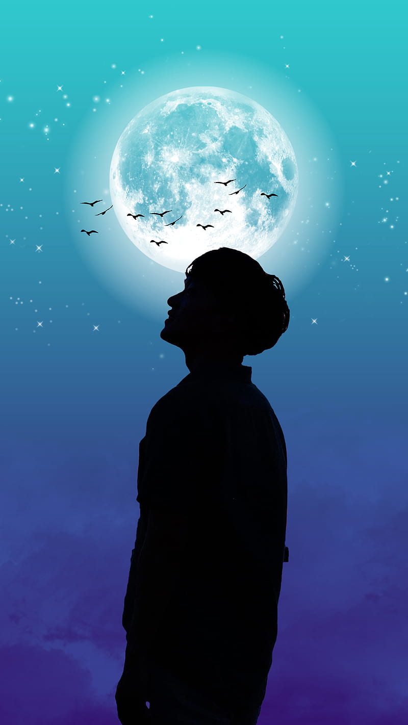 Moon Boy, Artyns, birds, black, dark, light, man, moonlight, purple, shadow, sky, space, stars, surreal, HD phone wallpaper