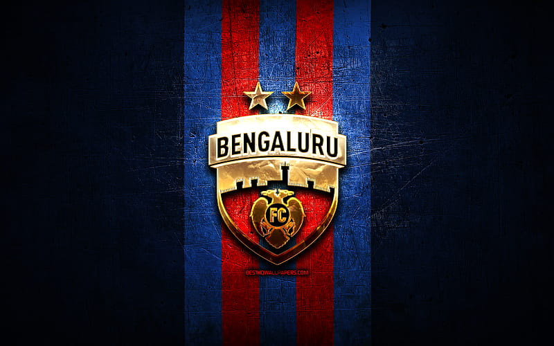 Bengaluru FC, golden logo, ISL, blue metal background, football, indian football club, Bengaluru FC logo, soccer, India, FC Bengaluru, HD wallpaper