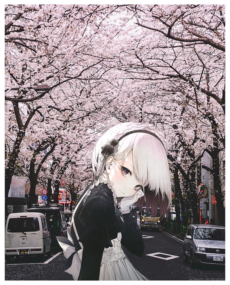 anime, Hito Komoru, street, japan, cherry blossom, HD phone wallpaper