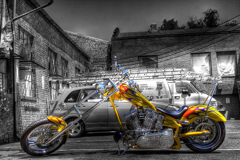 Yellow chopper with flames , harley davidson, chopper, motorcycle, HD wallpaper