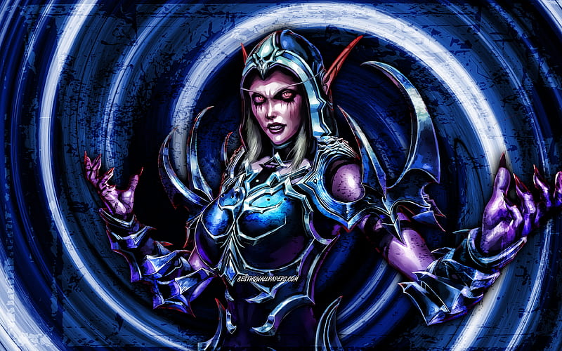 Sylvanas Windrunner, blue grunge background, World of Warcraft, warriors, WoW, vortex, World of Warcraft Shadowlands, Sylvanas Windrunner World of Warcraft, HD wallpaper