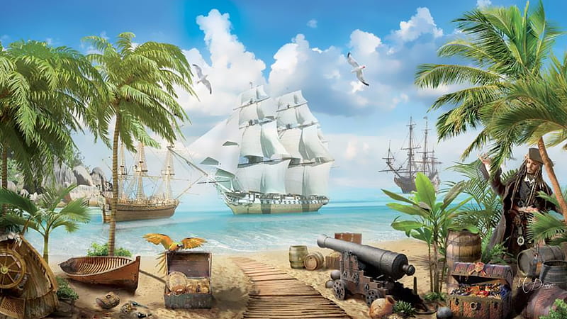 Pirate Ships, beach, parrots, island, cannon, sail boats, tall ships, palm trees, pirate, HD wallpaper