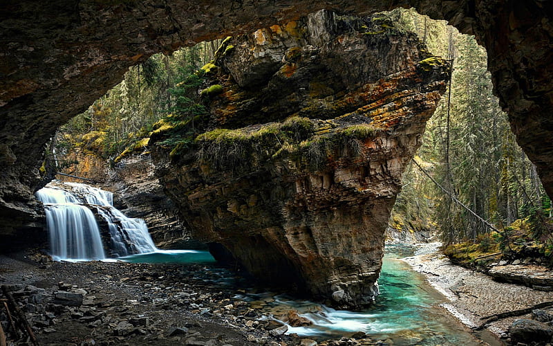 Waterfall in Johnston Canyon, Banff, Alberta, Mountains, Waterfall, Canada, Nature, HD wallpaper