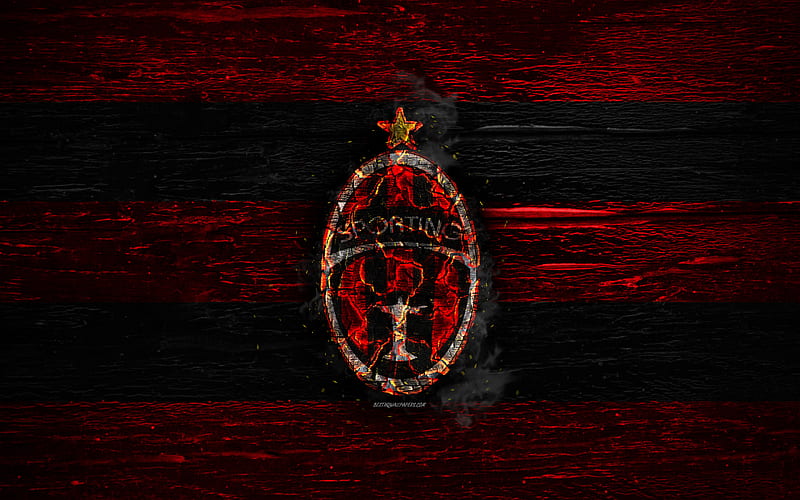 Miguelito FC, fire logo, LPF, red and black lines, panamanian football club, grunge, football, soccer, Miguelito logo, wooden texture, Panama, HD wallpaper