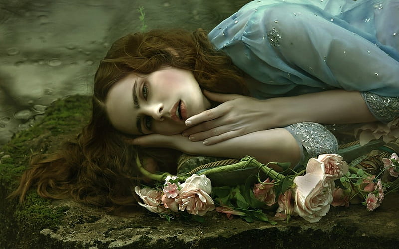 Portrait of sadness, model, rose, woman, anna gigante, water, girl, green, flower, pink, agnieszka lorek, blue, HD wallpaper
