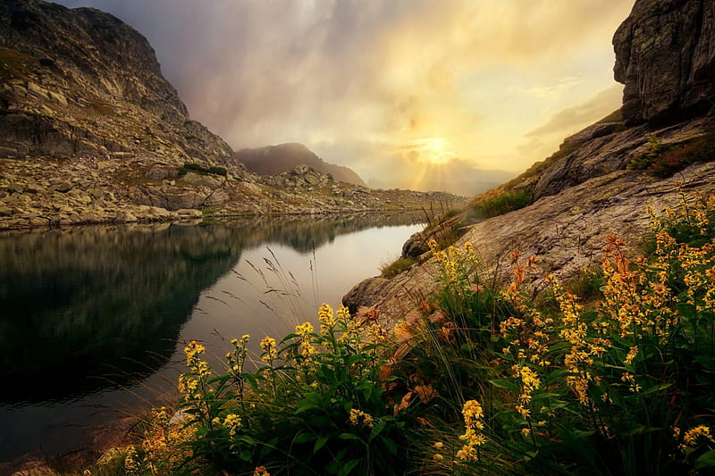 Soft light, hills, rocks, bonito, Bulgaria, soft, sunset, park, clouds, mist, mountain, wildflowers, nature, river, light, HD wallpaper