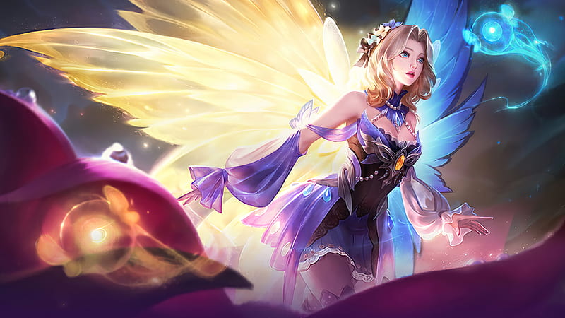 Lunox Butterfly Seraphim, blue, wings, lunox, frumusete, luminos, seraphim, yellow, game, mobile legends, fantasy, butterfly, girl, pink, HD wallpaper