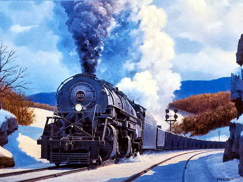 Norfolk & Western Locomotive, railroad, train, snow, artwork, winter, HD wallpaper