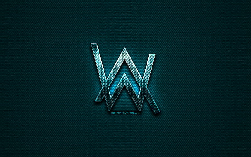 Alan Walker glitter logo, music stars, creative, blue metal background, Alan Walker logo, brands, superstars, Alan Walker, HD wallpaper
