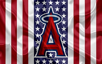 Los Angeles Angels flag, MLB, red white metal background, american