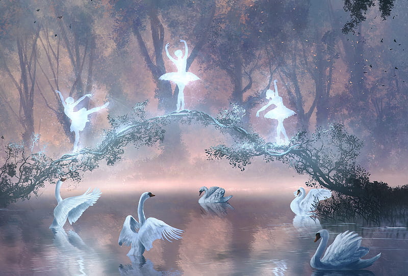 Swan lake, swan, lake, art, ballerina, luminos, benj, lebada, ben j, fantasy, water, girl, bridge, white, HD wallpaper