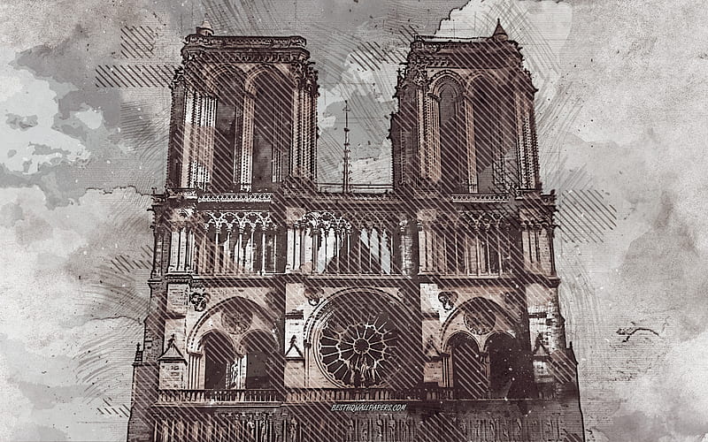 Notre Dame, Paris France, grunge art, creative art, painted Notre Dame, drawing, Notre Dame abstraction, digital art, Notre-Dame de Paris, HD wallpaper