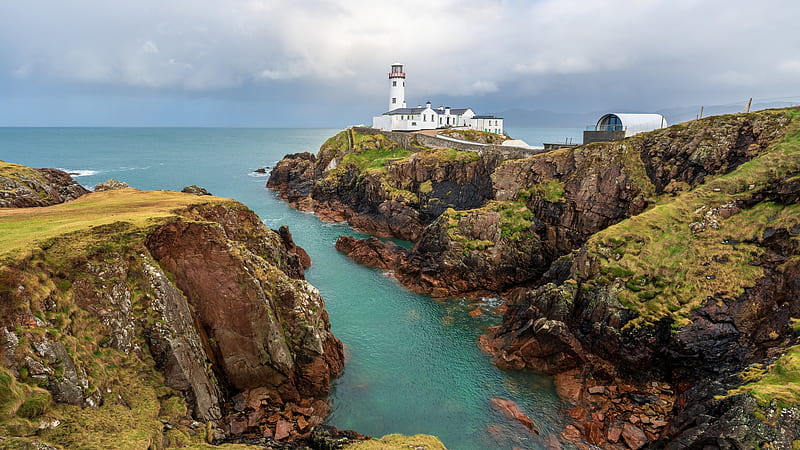 Fanad Lighthouse, Donegal, Ireland, sky, atlantic, rocks, ocean, clouds, HD wallpaper