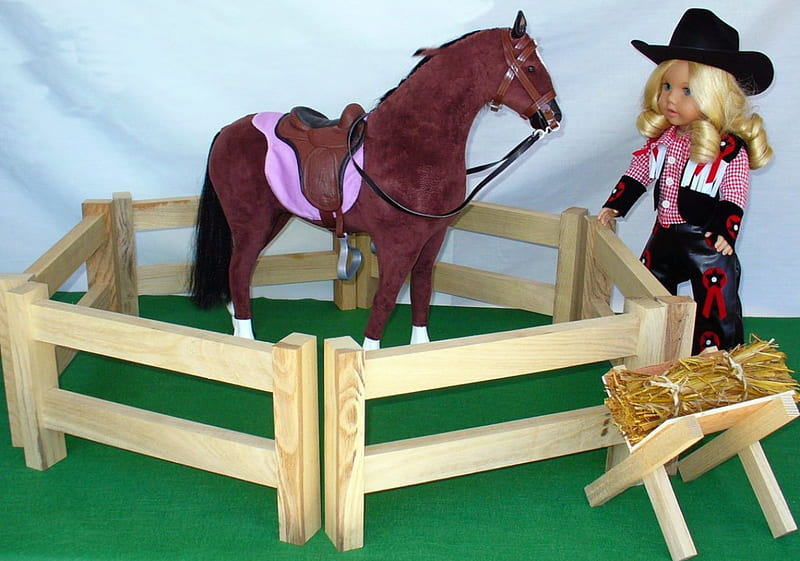 Cowgirl Play Set...., dolls, female, hats, boots, fun, horses, fences, cowgirls, playset, girls, toys, blondes, western, kids, HD wallpaper
