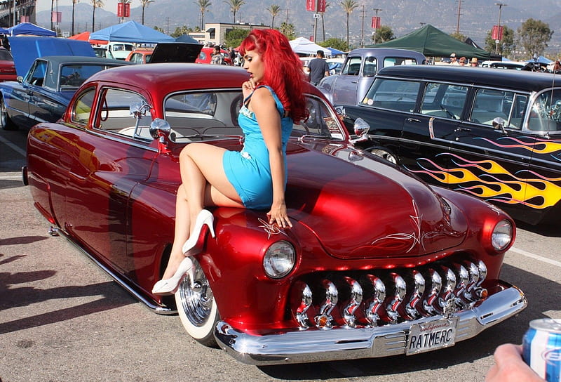 Red Mercury, red, hot rod, girl, redhead, car, custom, mercury, vintage, HD wallpaper