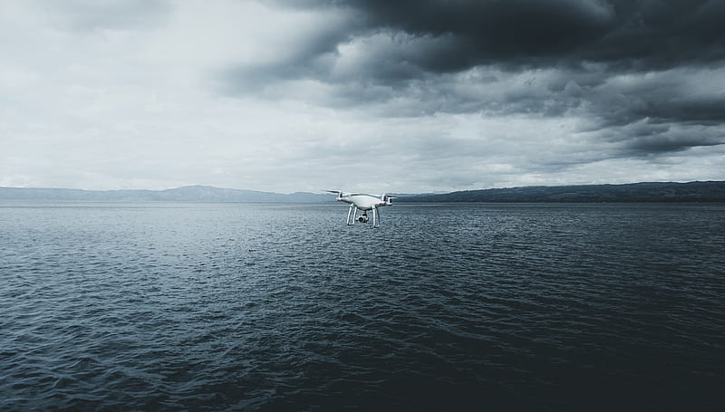 quadcopter, drone, quadrotor helicopter, quadrotor, sea, fog, clouds, HD wallpaper