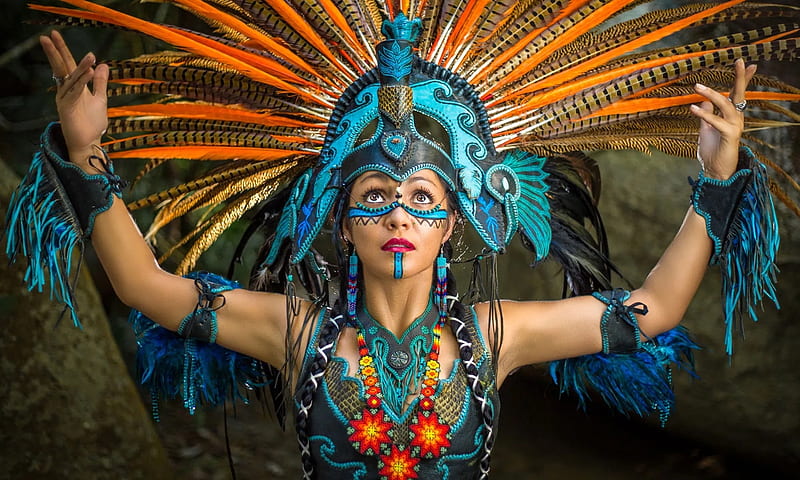 Aztec Woman, colorful, indian, indigenous, beauty, Woman, princess, aztec, feathers, Face, HD wallpaper