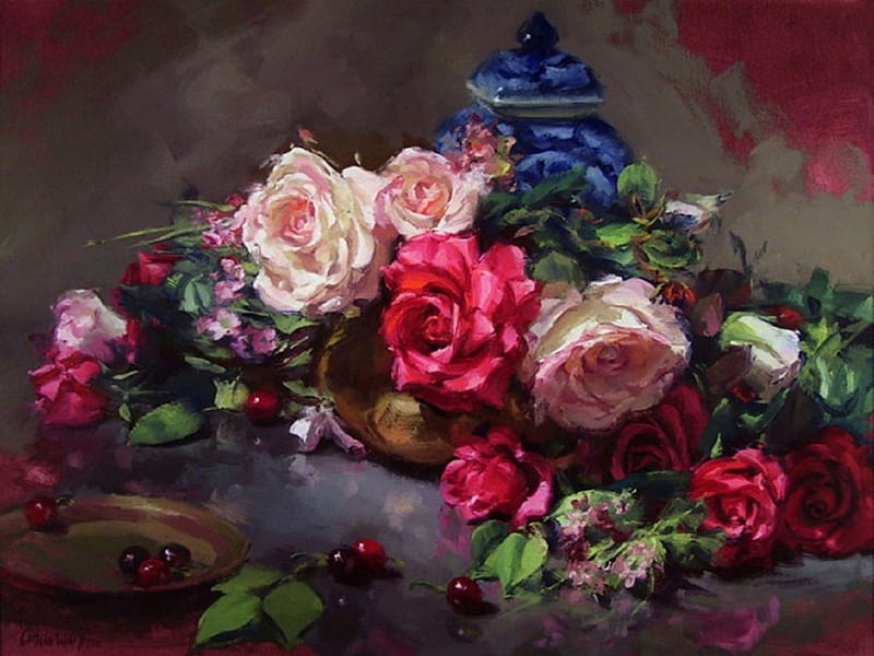 Roses & cherries, red, cherries, vase, bonito, roses, floral, painting, flowers, nature, pink, blue, HD wallpaper