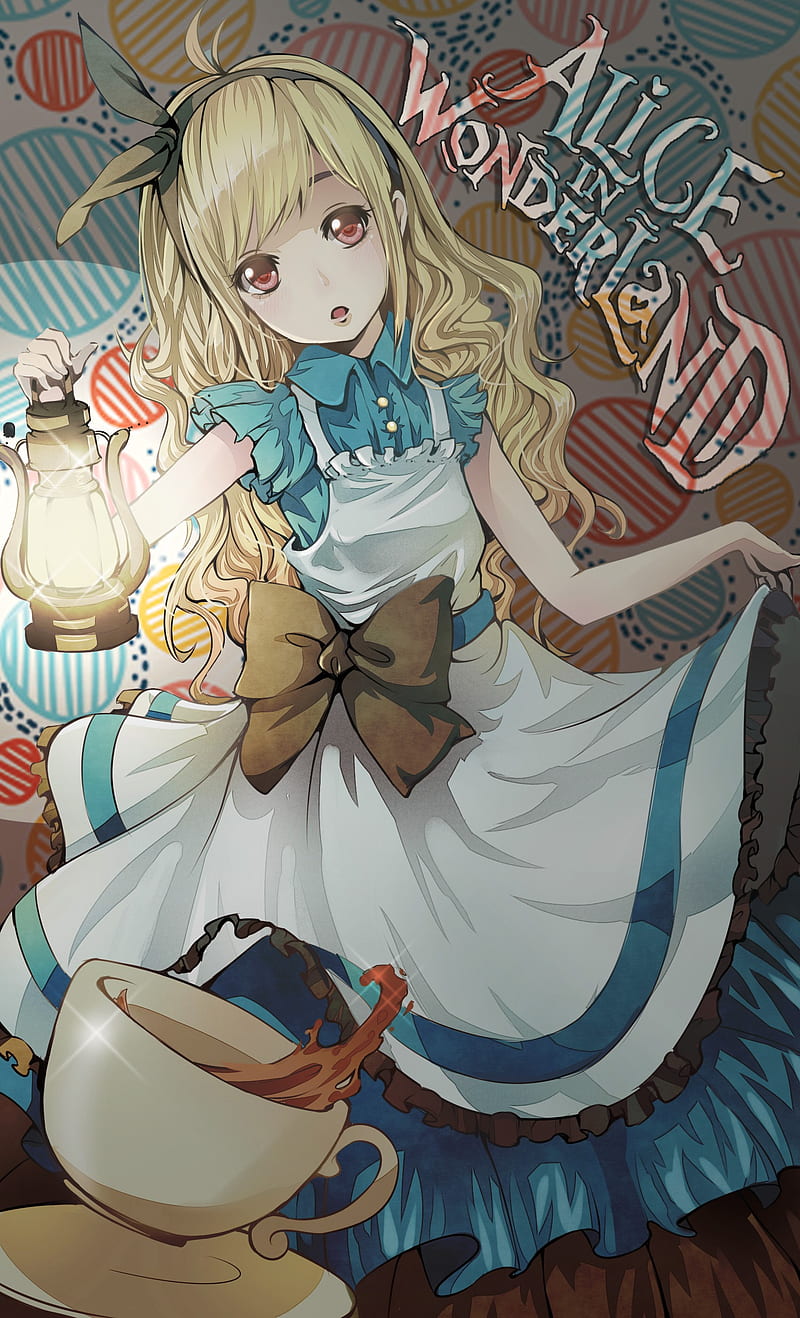 Alice in Wonderland, Alice, fantasy girl, lantern, blonde, anime, anime girls, cup, red eyes, HD phone wallpaper