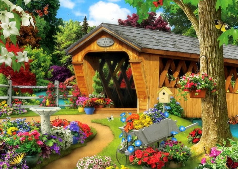 Welcome Home, houses, love four seasons, home, birds, butterflies, spring, attractions in dreams, paintings, flowers, garden, butterfly designs, HD wallpaper