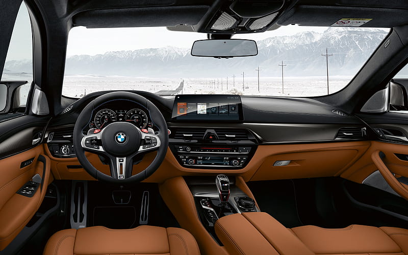 BMW M5 Competition, 2019, interior, front panel, steering wheel, dashboard, new M5, brown leather interior, German cars, BMW, HD wallpaper