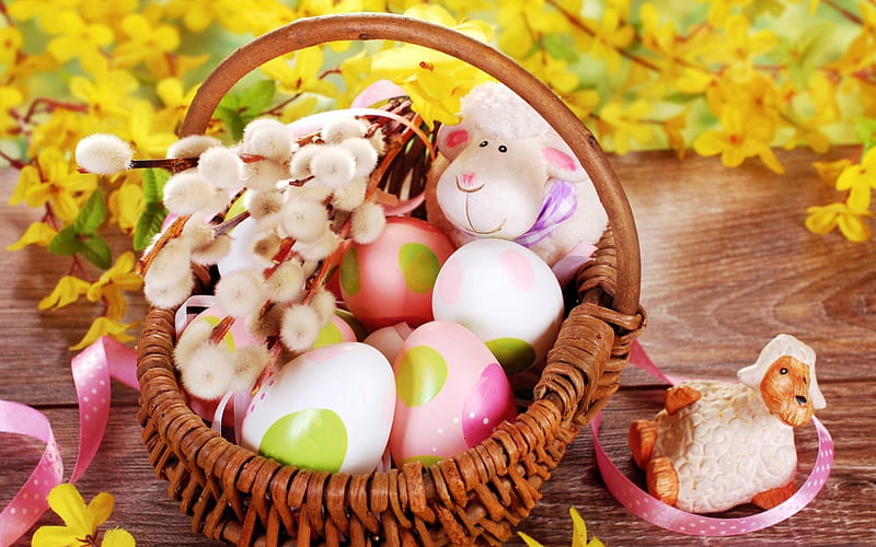 Easter basket, spring landscape, Easter eggs, Easter, spring, HD wallpaper