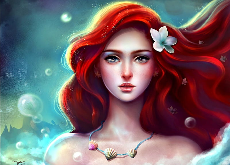 Ariel, fanart, art, frumusete, luminos, redhead, mermaid, woman ...