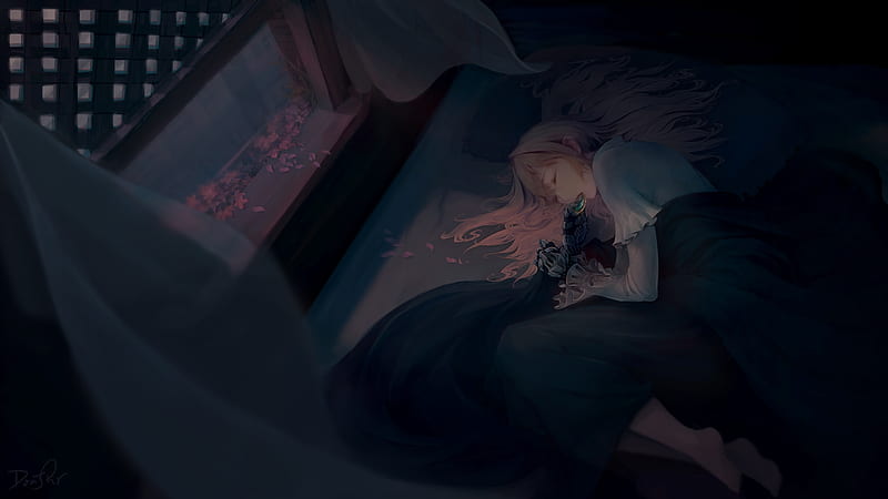 violet evergarden, sleeping, lying down, blue eyes, bionic arm, Anime, HD wallpaper