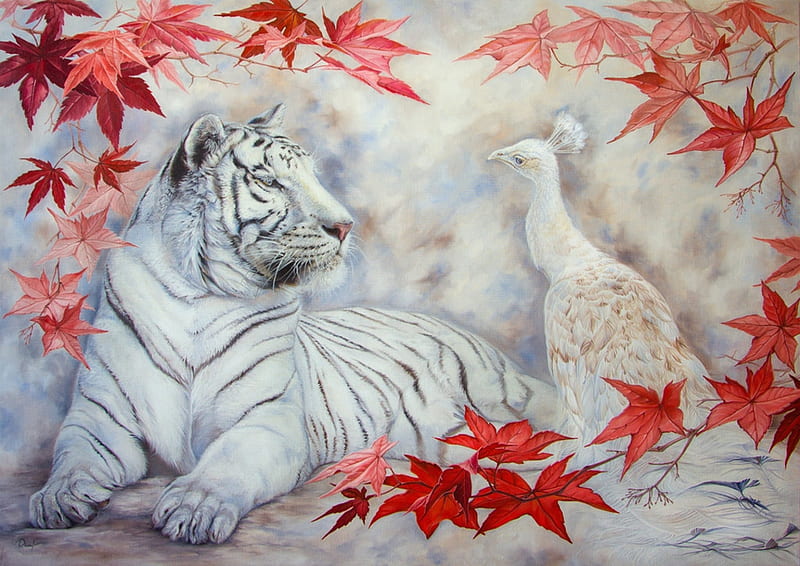 Conversation, autumn, orange, peacock, tiger, irenadem, fantasy, paun, painting, pictura, art, luminos, pasare, leaf, bird, tigru, white, HD wallpaper