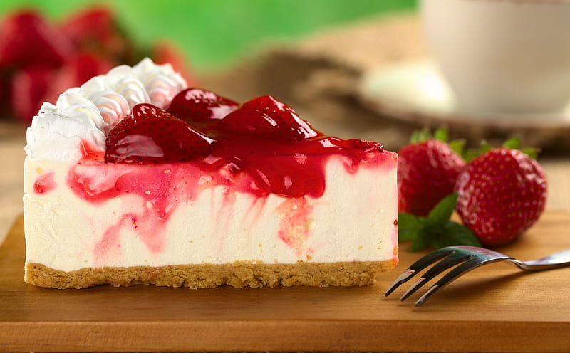 Cake, cheese cake, strawberry, food, slice, strawberries, fork, HD wallpaper