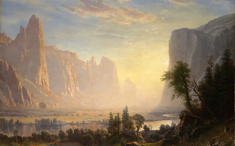 Valley of the Yosemite, art, yosemite, luminos, painting, albert bierstadt, pictura, valley, HD wallpaper