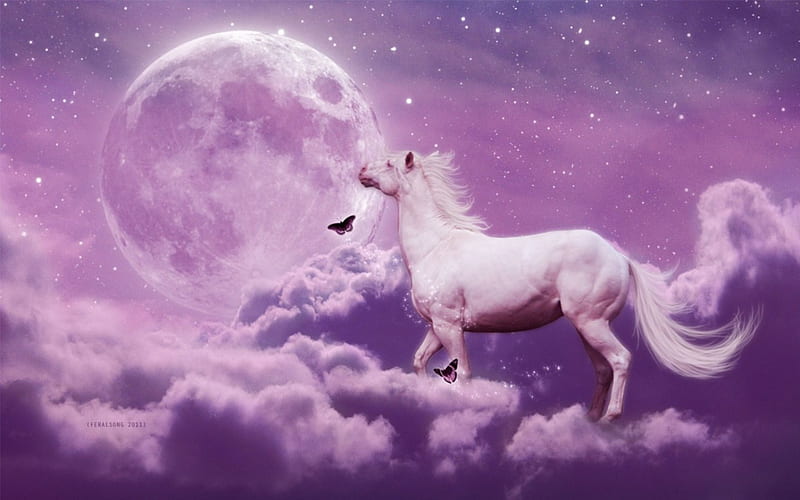 Purple dream, fantasy, purple, full moon, white, horse, pink, animal, HD wallpaper