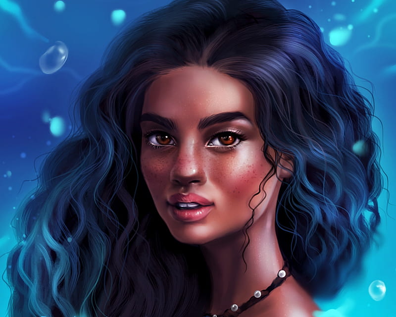 Moana, fanart, art, luminos, fantasy, water, girl, summer, sandramalie, face, portrait, disney, blue, HD wallpaper