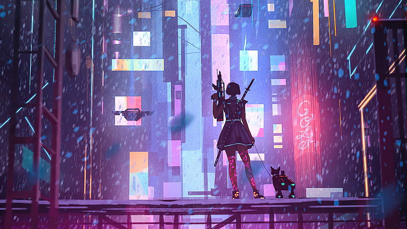 Girl With Dog In Cyber City , cyberpunk, neon, artist, artwork, digital-art, HD wallpaper